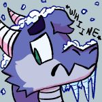  2019 anthro blue_body blue_scales english_text female flat_colors frown headshot_portrait hi_res horn icicle kobold loskra portrait quasar_(jackaslope) scales snow snowing solo text whining 