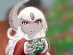  absol absurd_res anthro blush christmas christmas_tree claas clothing cocoa cup female feral fur hair hi_res holidays horn knowvoid looking_at_viewer nintendo plant pok&eacute;mon pok&eacute;mon_(species) red_eyes sweater topwear tree video_games white_body white_fur 