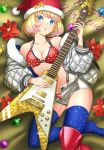 1girl background_text bangs bed_sheet blonde_hair blue_eyes blue_legwear boots bra breasts christmas christmas_ornaments cleavage coat commentary denim denim_shorts electric_guitar english_text from_above fur-trimmed_coat fur_trim grey_coat guitar hat hat_ornament head_tilt highleg highleg_panties holding holding_instrument instrument katouken_(ktn-works) lace-trimmed_bra lace-trimmed_panties lace_trim long_sleeves looking_at_viewer lying marigold medium_breasts merry_christmas micro_shorts no_shirt on_back on_bed open_clothes open_coat open_fly original panties parted_lips polka_dot polka_dot_bra polka_dot_panties red_bra red_footwear red_headwear red_panties santa_hat short_hair shorts single_boot solo sparkle star_(symbol) star_hat_ornament thigh_boots thighhighs underwear white_shorts 