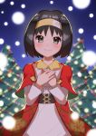  1girl absurdres bangs black_hair blush christmas christmas_tree closed_mouth collared_dress commentary_request dress erika_(pokemon) eyebrows_visible_through_hair eyelashes green_eyes hairband hands_together highres long_sleeves looking_at_viewer pokemon pokemon_(game) pokemon_masters_ex sash short_hair smile snowing solo taisa_(lovemokunae) white_dress yellow_hairband 