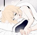  ... 1girl 1other artoria_pendragon_(all) bangs blanket blonde_hair blush breasts cleavage commentary_request eyebrows_visible_through_hair fate/stay_night fate_(series) green_eyes highres holding_hands looking_at_viewer lying medium_breasts nude on_side open_mouth pillow saber solo_focus speech_bubble suzuakks sweat translation_request under_covers underwear 