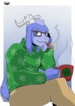  anthro blue_body blue_fur bottomwear bovid caprine cigar clothing digital_colors digital_media_(artwork) fur furry goat hi_res invalid_tag mammal pants smoking stogiegoat stogiegoatarts sweater topwear winter 