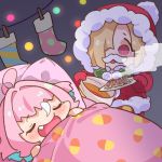 2girls blonde_hair blue_hair blush chibi christmas christmas_stocking commentary dumpling fake_facial_hair fake_mustache fang food fur-trimmed_hood fur_trim gloves hair_over_one_eye hands_up head_on_pillow holding holding_plate hood hood_up idolmaster idolmaster_cinderella_girls jiaozi long_sleeves multicolored_hair multiple_girls nose_bubble open_mouth pillow pink_hair plate raised_eyebrows red_eyes red_gloves santa_costume shiny shiny_hair shirasaka_koume short_eyebrows sleeping steam symbol_commentary takato_kurosuke two-tone_hair under_covers yumemi_riamu 