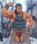  1boy absurdres anchor_necklace bara beard biceps blue_eyes blue_hair blue_tank_top blurry blurry_background bulge character_request clothing_cutout cowboy_shot crotchless crotchless_pants facial_hair flexing fundoshi grey_pants hand_on_hip highres japanese_clothes male_focus medium_hair muscular muscular_male nipple_slip nipples pants pectorals photo_background pose red_male_underwear ryans scar scar_across_eye solo stubble tank_top thick_eyebrows thick_thighs thigh_cutout thighs tied_hair tokyo_houkago_summoners 
