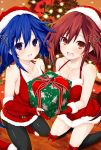  2girls ankokuboshi_kurome black_legwear blue_eyes blue_hair blush box braid breasts christmas christmas_ornaments christmas_tree christmas_tree_hair_ornament commentary commission dual_persona fingerless_gloves gift gift_box gloves hair_between_eyes hair_ornament happy hat iwashi_dorobou_-r- long_hair looking_at_viewer medium_breasts multiple_girls neptune_(series) open_mouth orange_eyes purple_eyes red_eyes red_hair santa_costume santa_hat shin_jigen_game_neptune_vii smile tennouboshi_uzume twin_braids twintails very_long_hair 