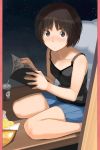  1girl :&lt; absurdres amagami bangs bare_shoulders black_hair black_tank_top blue_skirt blush bob_cut book breasts brown_eyes brown_hair chips closet collarbone cup drinking_straw food highres holding holding_book light_blush looking_at_viewer manga_(object) official_art pillow pleated_skirt potato_chips reading scan short_hair sitting skirt small_breasts solo star_(sky) surprised sweat sweatdrop tachibana_miya takayama_kisai tank_top wariza 