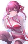  1girl bare_arms bare_shoulders between_breasts bikini breasts brown_legwear christmas cleavage enumiyan fur_trim hair_ribbon hand_up heterochromia highres hololive houshou_marine large_breasts long_hair looking_at_viewer midriff miniskirt navel open_mouth red_bikini red_eyes red_hair red_ribbon red_skirt ribbon santa_bikini santa_costume skirt solo squatting stomach strapless strapless_bikini swimsuit thighhighs twintails yellow_eyes 