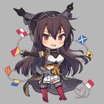  1girl :d black_gloves boots breasts brown_hair chibi elbow_gloves full_body gloves grey_background hair_between_eyes hand_on_hip headgear headpiece kantai_collection kasumi_(skchkko) long_hair looking_at_viewer medium_breasts miniskirt nagato_(kantai_collection) open_mouth partially_fingerless_gloves red_eyes red_footwear simple_background skirt smile solo string_of_flags tassel thigh_boots thighhighs white_skirt 