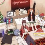 :d absurdres apex_legends ayanami_rei barefoot bed blue_hair braid brown_eyes brown_hair cake casual christmas_tree closed_eyes computer crossover crt domain_(artist) english_commentary english_text food half-life hat highres hood hoodie iwakura_lain knees_together_feet_apart long_hair madotsuki mixed-language_commentary monitor neon_genesis_evangelion on_bed open_mouth party_popper santa_hat serial_experiments_lain shorts sitting sleeves_past_wrists smile souryuu_asuka_langley sweater yume_nikki 