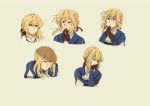  1girl blonde_hair blue_eyes blue_jacket braid brown_gloves closed_eyes commentary_request crying eating expressions gloves highres jacket juliet_sleeves light_blush long_hair long_sleeves multiple_views nanashi_ato prosthesis prosthetic_arm puffy_sleeves smile tied_hair upper_body violet_evergarden violet_evergarden_(character) 