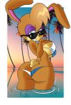  absurd_res anthro archie_comics background_sky bikini bunnie_rabbot butt clothing eyewear eyewear_on_head female hi_res lagomorph leporid mammal mobian_monster palm_tree photo_background pinup plant pose rabbit smile smiling_at_viewer solo sonic_the_hedgehog_(archie) sonic_the_hedgehog_(comics) sonic_the_hedgehog_(series) sunglasses sunglasses_on_head sunset swimwear tree vaporwave water 