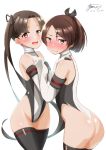  2girls absurdres ayanami_(kantai_collection) ayuman bare_shoulders black_hair brown_eyes brown_hair commission dated elbow_gloves gloves highleg highleg_leotard highres holding_hands kantai_collection leotard long_hair multiple_girls race_queen remodel_(kantai_collection) shikinami_(kantai_collection) short_hair side_ponytail signature simple_background sleeveless thong_leotard turtleneck two-tone_leotard white_background white_gloves 