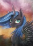  absurd_res black_body blue_eyes blue_hair colored_sketch darkdoomer equid equine fan_character feathered_wings feathers female feral hair hasbro hi_res horn horse looking_at_viewer mammal my_little_pony pony portrait smile snowdrift solo sunset traditional_media_(artwork) winged_unicorn wings 