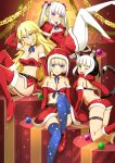  4girls ;d animal_ear_fluff animal_ears arm_behind_head arm_up back background_text bangs bare_shoulders belt black_belt black_bra black_hair blonde_hair blue_eyes blue_legwear blue_ribbon blunt_bangs boots bra breasts capelet cat_ears cat_girl christmas christmas_ornaments cleavage closed_mouth crop_top dress elbow_gloves english_text fur-trimmed_shorts fur-trimmed_skirt fur_scarf fur_trim garland_(decoration) gloves green_eyes hair_bobbles hair_ornament hat high_heel_boots high_heels katouken_(ktn-works) knee_up leaning_back legs legs_up light_frown looking_at_viewer looking_back medium_breasts medium_hair merry_christmas micro_shorts miniskirt multicolored_hair multiple_girls navel neck_ribbon one_eye_closed open_mouth original pantyhose pointy_ears print_legwear purple_eyes red_capelet red_dress red_footwear red_gloves red_headwear red_scarf red_shirt red_shorts red_skirt ribbon santa_boots santa_costume santa_dress scarf shirt short_dress short_hair shorts sidelocks silver_hair sitting skirt skull_and_crossbones small_breasts smile sparkle standing star_(symbol) star_print strapless strapless_dress strapless_shirt thigh_boots thigh_strap thighhighs twintails two-tone_hair underwear white_hair white_legwear 
