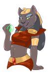  2015 anthro aries84 black_hair blue_makeup breasts brown_body brown_fur clothing disney disney&#039;s_aladdin felid feline female fur green_sclera hair holding_orb looking_at_viewer mammal mirage_(aladdin) orb red_clothing simple_background solo white_background 