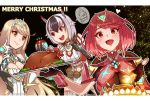  3girls blonde_hair breasts christmas crossette_(xenoblade) food hey_cre highres large_breasts long_hair multicolored_hair multiple_girls mythra_(xenoblade) pyra_(xenoblade) red_eyes red_hair short_hair turkey_(food) xenoblade_chronicles_(series) xenoblade_chronicles_2 