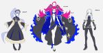  3girls alternate_costume blue_eyes blue_hair breasts caster_lily cleavage concept_art craft_essence detached_sleeves fate/grand_order fate_(series) francis_drake_(fate) gun height_chart highres kusakanmuri large_breasts multiple_girls official_art penthesilea_(fate/grand_order) ponytail purple_hair scar scar_on_face weapon 