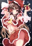  1girl arm_behind_head armpits bangs belt black_background box breasts brown_belt brown_hair christmas closed_mouth commentary_request detached_sleeves eyebrows_visible_through_hair gift gift_box gradient_hair hair_tubes hakurei_reimu hat holding holding_gift kerotsupii_deisuku long_hair looking_at_viewer medium_breasts midriff multicolored_hair navel red_eyes red_headwear red_skirt santa_hat skirt smile solo thighs touhou underboob 
