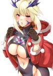  1girl absurdres artoria_pendragon_(all) artoria_pendragon_(lancer_alter) bangs black_bodysuit blonde_hair blush bodysuit braid breasts brown_eyes center_opening fate/grand_order fate_(series) french_braid fur-trimmed_jacket fur_trim gloves hair_between_eyes highres horns jacket large_breasts long_hair long_sleeves looking_at_viewer navel open_clothes open_jacket open_mouth red_jacket saint_quartz sarfata sidelocks simple_background underboob white_background 