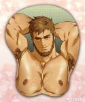  1boy armpit_hair armpits arms_behind_head bara beard body_hair breast_mousepad brown_eyes cayden_(dizdoodz) chest_hair dizdoodz earrings facial_hair highres jewelry light_brown_hair looking_at_viewer male_focus mousepad_(medium) muscular muscular_male nipples original pectorals seductive_smile short_hair simple_background smile solo thick_eyebrows 