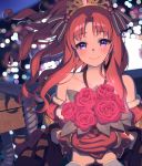  1girl akino_(princess_connect!) bangs bare_shoulders blush bouquet breasts closed_mouth collarbone flower gloves large_breasts long_hair looking_at_viewer lunch_(lunch3) parted_bangs ponytail princess_connect! princess_connect!_re:dive purple_eyes red_gloves red_hair rose sidelocks smile solo_focus tiara 