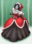  armwear ballroom_gown belt black_hair breasts canid canine canis christmas cleavage clothed clothing dress elbow_gloves female gloves gown green_eyes hair handwear hi_res holidays mammal pupils slit_pupils solo toughset wolf 