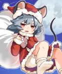  1girl alternate_costume animal_ear_fluff animal_ears bloomers bobby_socks commentary_request dress full_moon fur_trim grey_hair hat highres holding holding_sack jitome long_sleeves looking_at_viewer moon mouse_ears mouse_girl mouse_tail nazrin no_shoes open_mouth red_dress red_eyes red_headwear sack santa_hat short_hair socks solo star_(sky) tail take_no_ko_(4919400) thick_eyebrows touhou underwear white_legwear 