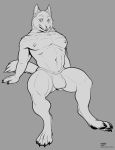  2020 4_toes anthro black_pawpads bulge canid canine canis hi_res hindpaw male mammal mostly_nude muscular_thighs omari pawpads paws restricted_palette sitting solo spread_legs spreading text toes topless_male url wolf 