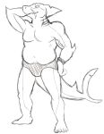  anthro barefoot black_and_white briefs clothed clothing fish gash_(thegreatmatsutzu) hand_behind_head hand_on_leg hand_on_thigh male marine monochrome musclegut scar shark simple_background sketch solo thegreatmatsutzu topless underwear white_background 