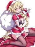  1girl black_legwear blonde_hair blue_eyes braid braided_ponytail carol_malus_dienheim christmas flat_chest fur_trim gloves hat long_hair looking_at_viewer mole mole_under_eye navel red_gloves sack santa_costume santa_hat senki_zesshou_symphogear shiny shiny_hair shiny_skin sitting solo thighhighs wariza zetsumu 