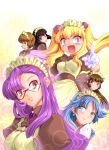  6+girls apron bangs black_hair blonde_hair blossom_(ragnarok_online) blue_eyes blue_hair breasts brown_dress brown_eyes brown_hair closed_mouth collared_dress commentary_request curly_sue dress earrings eyebrows_visible_through_hair gem glasses gloves hair_between_eyes hair_bobbles hair_ornament jasmine_(ragnarok_online) jewelry kafra_uniform large_breasts leilah_(ragnarok_online) long_hair looking_at_viewer looking_back looking_to_the_side maid_apron maid_headdress medium_hair mizuki_hitoshi multiple_girls open_mouth pavianne_(ragnarok_online) ponytail puffy_short_sleeves puffy_sleeves purple_hair ragnarok_online red_eyes roxie_(ragnarok_online) short_hair short_sleeves sidelocks smile teeth twintails upper_body waist_apron white_apron white_gloves yellow_background yellow_eyes 