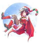 1girl bare_shoulders black_hair boots candy candy_cane cape capelet christmas dress food fur-trimmed_dress fur-trimmed_headwear fur_trim gradient_hair highres iesupa multicolored_hair neck_bell red_cape red_capelet red_dress red_hair red_headwear ruby_rose rwby santa_boots santa_costume santa_dress short_hair silver_eyes solo thighhighs two-tone_hair 