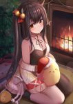  1girl ahoge azur_lane bangs bare_shoulders bell blush breasts brown_hair cleavage hair_between_eyes hair_ornament hat horns isuzu_(azur_lane) isuzu_(cozy_christmas_eve)_(azur_lane) long_hair long_sleeves looking_at_viewer manda_(manda9n) manjuu_(azur_lane) medium_breasts off_shoulder red_eyes santa_hat side_ponytail sleeves_past_wrists sweater 