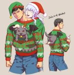  2boys alternate_costume androgynous antlers ass berserk black_hair blush christmas cropped_legs dated denim expressionless green_headwear green_sweater griffith_(berserk) guts_(berserk) hat jeans long_hair male_focus multiple_boys multiple_views pants reindeer_antlers santa_costume santa_hat shared_clothes shared_sweater silver_hair sweater toned toned_male ugly_sweater yaoi zonzgong 