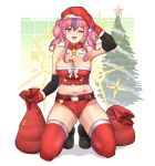  1girl ;d arm_warmers armpits artist_name azur_lane bangs bare_shoulders bell belt black_belt black_footwear blush boots breasts bremerton_(azur_lane) candy candy_cane christmas christmas_tree cleavage commentary crop_top detached_collar earrings eyebrows_visible_through_hair food food_between_breasts full_body gloves grey_hair groin hair_between_eyes hair_intakes hair_ornament hairclip hand_on_own_head hat heart highres holding holding_sack jewelry kneeling large_breasts long_hair looking_at_viewer midriff mole mole_on_breast mole_under_eye multicolored_hair navel navel_piercing one_eye_closed open_mouth piercing pink_eyes pink_hair red_gloves red_headwear red_legwear red_shirt red_shorts sack santa_costume santa_hat shadow shirt short_shorts shorts sidelocks skindentation smile solo star_(symbol) stormzero strapless_shirt streaked_hair thighhighs twintails two-tone_hair upper_teeth 