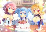  3girls :d :o astraea bangs bare_shoulders black_sleeves blonde_hair blue_dress blue_eyes blue_hair blurry blurry_background breasts broken broken_chain cake chain chestnut_mouth cleavage collar commentary_request depth_of_field detached_sleeves dress eyebrows_visible_through_hair feathered_wings food fruit hair_between_eyes ikaros indoors kouu_hiyoyo large_breasts long_sleeves looking_at_viewer medium_breasts metal_collar multiple_girls nymph_(sora_no_otoshimono) open_mouth parted_lips pink_hair red_eyes robot_ears sleeveless sleeveless_dress smile sora_no_otoshimono sparkle strapless strapless_dress strawberry table twintails upper_body v-shaped_eyebrows white_dress white_wings wings 