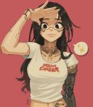  1girl black_eyes black_hair breasts cyberpunk cyberpunk_2077 cyborg edpan english_commentary graphic_shirt highres jewelry long_hair looking_at_viewer mechanical_arm medium_breasts navel necklace salute shirt smile solo sparkle speech_bubble spoken_sparkle t-shirt tattoo white_shirt 