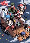  2girls 3boys absurdres animal_costume blue_hair breasts christmas clark_still gift heidern highres kurogane_naoto_(churushiko) leona_heidern midriff military military_uniform multiple_boys multiple_girls navel ponytail ralf_jones reindeer_costume santa_costume short_hair sled the_king_of_fighters uniform whip whip_(kof) 