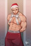  1boy abs absurdres bara belt black_eyes blurry blurry_background body_hair bound bound_wrists chest_hair christmas cowboy_shot facial_hair gift_wrapping hat highres looking_away male_focus muscular muscular_male navel navel_hair nipples open_mouth original pants pectorals peterhl red_pants santa_costume santa_hat shirtless short_hair solo stubble white_hair 