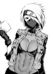  absurdres book collarbone fingerless_gloves fishnets genderswap genderswap_(mtf) gggg gloves greyscale hair_over_one_eye hatake_kakashi hatching_(texture) headband highres holding holding_book mask monochrome mouth_mask naruto_(series) navel open_book short_hair simple_background white_background 