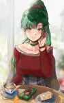  1girl bangs blurry blurry_background blush box breasts cake cake_slice chair choker collarbone cup earrings eyebrows_visible_through_hair fire_emblem fire_emblem:_the_blazing_blade food fur_trim gift gift_box green_eyes green_hair hair_ornament hand_up highres indoors jewelry lips long_hair long_sleeves looking_at_viewer lyn_(fire_emblem) medium_breasts ormille parted_lips ponytail shiny shiny_hair simple_background sitting smile solo sparkle steam table teacup tied_hair upper_body watch wristwatch 