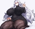  1girl azur_lane black_sweater breasts covered_nipples eyebrows_visible_through_hair eyes_visible_through_hair fingernails graf_zeppelin_(azur_lane) grey_background grey_hair holding huge_breasts melon22 pantyhose parted_lips red_eyes simple_background sitting solo sweater turtleneck turtleneck_sweater wariza 