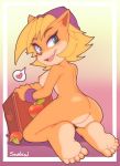  &lt;3 5_toes _eyes activision anthro bandicoot blonde_hair breasts butt clothing coco_bandicoot crash_bandicoot_(series) feet female food fruit green_eyes hair hat headgear headwear hi_res looking_back mammal marsupial nipples nude plant senshion side_boob smile solo toes video_games 