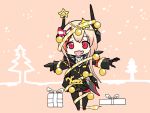  1girl :d bangs black_scarf blonde_hair bow chibi christmas christmas_ornaments christmas_tree fang gift girls_frontline hakokon happy headgear long_hair m4_sopmod_ii_(girls_frontline) multicolored_hair open_mouth outstretched_arms pink_hair red_eyes ribbon scarf smile solo star_(symbol) streaked_hair t-pose yellow_ribbon 