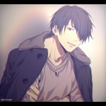  1boy :d bangs black_coat black_hair blurry blush buttons cardigan casual coat collarbone commentary_request crossed_arms depth_of_field gradient gradient_background grey_background grey_cardigan hair_over_one_eye himuro_tatsuya jewelry kuroko_no_basuke letterboxed long_sleeves male_focus mashima_shima necklace open_clothes open_coat open_mouth ring_necklace short_hair simple_background smile solo twitter_username upper_body upper_teeth 