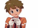  1boy :d bangs blue_eyes blush brown_hair commentary_request fidgeting flying_sweatdrops gloves inazuma_eleven inazuma_eleven_(series) index_fingers_together long_sleeves looking_down male_focus nervous open_mouth orange_shirt sayshownen shirt short_hair simple_background smile solo tachimukai_yuuki twitter_username undershirt upper_body watermark white_background white_gloves white_shirt 