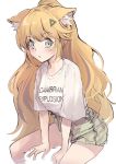  1girl aisha_(vtuber) animal_ear_fluff animal_ears bangs beige_shirt blush breasts english_text eyebrows_visible_through_hair green_eyes indie_virtual_youtuber leaning_forward long_hair looking_to_the_side medium_breasts nakatokung short_shorts shorts sitting solo triangle_hair_ornament very_long_hair virtual_youtuber white_background 