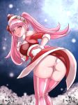 1girl alternate_costume ass breasts christmas fire_emblem fire_emblem:_three_houses fire_emblem_heroes flower gloves hair_flower hair_ornament highres hilda_valentine_goneril looking_at_viewer panties pink_hair red_eyes santa_costume simple_background solo takobe tongue tongue_out twintails underwear 