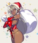  1girl antenna_hair blush breasts christmas dark_elf dark_skin dark_skinned_female elbow_gloves elf gloves hat highres large_breasts leotard looking_at_viewer namaniku_atk orange_eyes pointy_ears red_leotard sack sansei_muramasa santa_hat soukou_akki_muramasa white_hair 