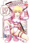  !? 1girl ? blonde_hair breasts character_name copyright_name english_text gwen_poole gwenpool holding holding_sword holding_weapon looking_at_viewer marvel medium_breasts nosh open_mouth shoes short_hair sneakers solo speech_bubble spoken_question_mark squatting superhero sword weapon 